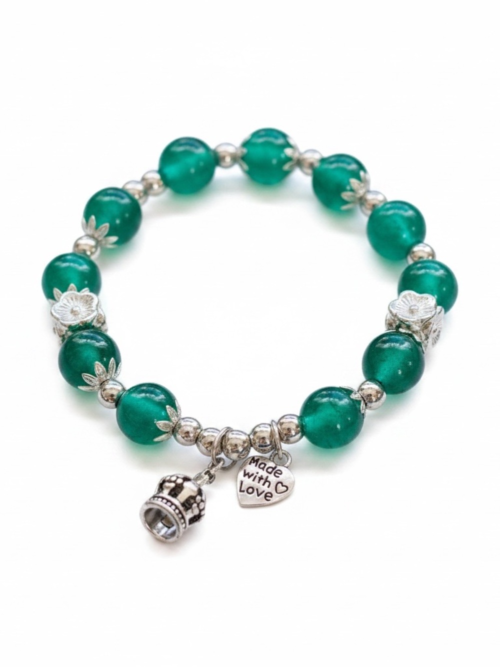 Green Marbled Beaded Stretch Bracelet Silver Crown Heart Flower Charms Boho